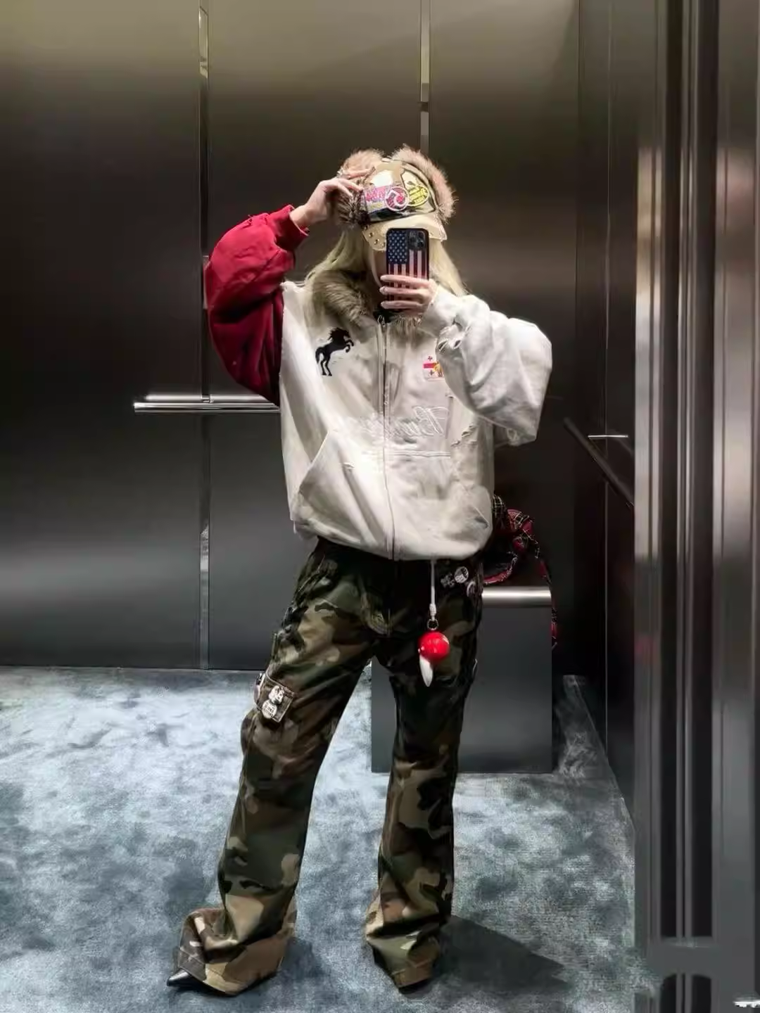 Aespa Ningning Inspired Fur Collar Horse Embroidered Zip-Up Hoodie