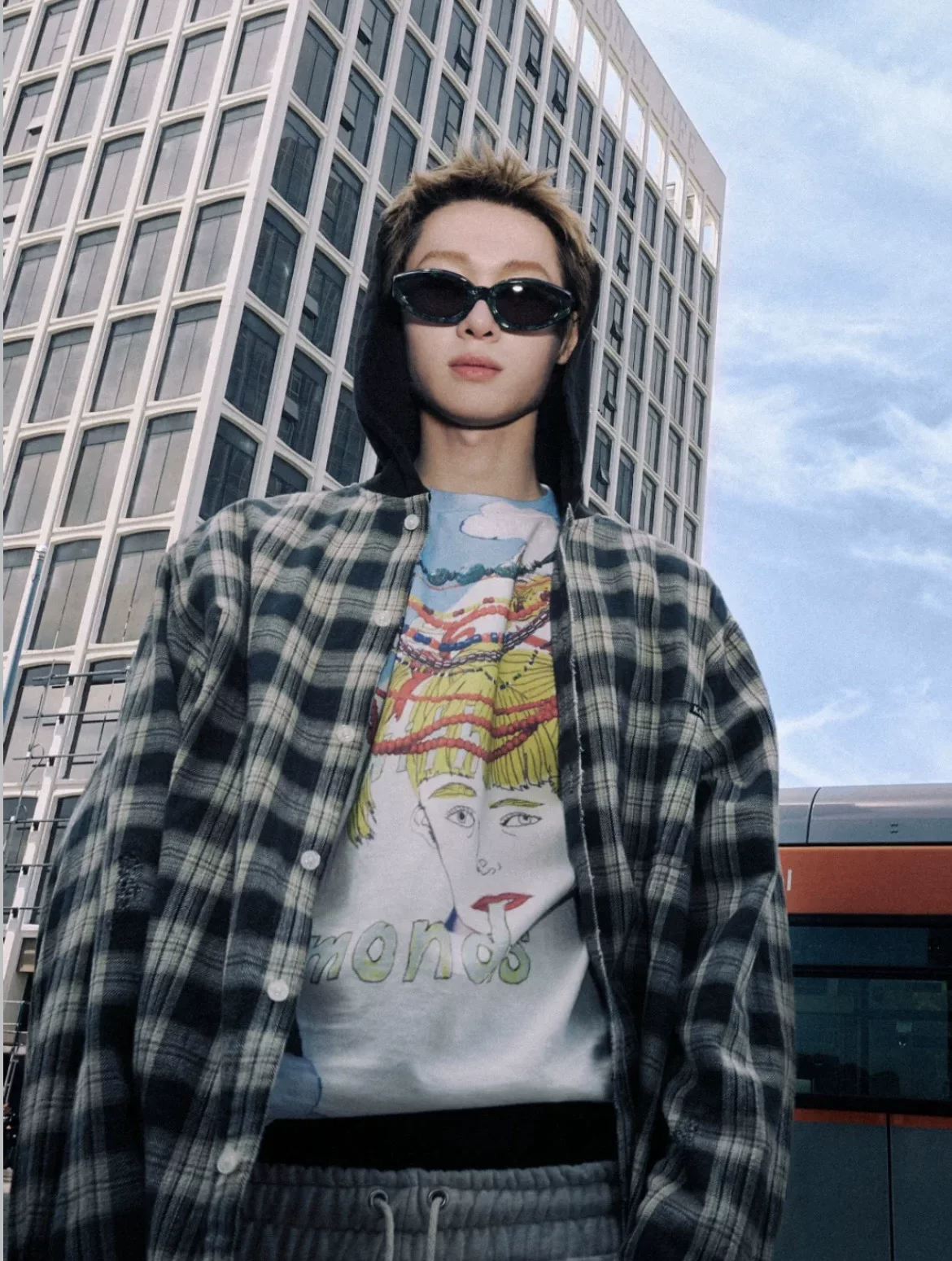 Cotris Martin Inspired Oversized Hooded Plaid Button-Down Shirt