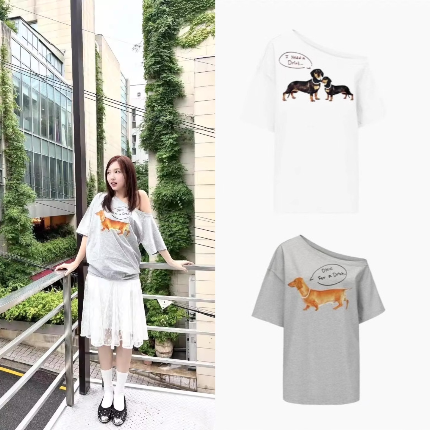 TWICE Nayeon Inspired Off Shoulder Dachshund Graphic Tee