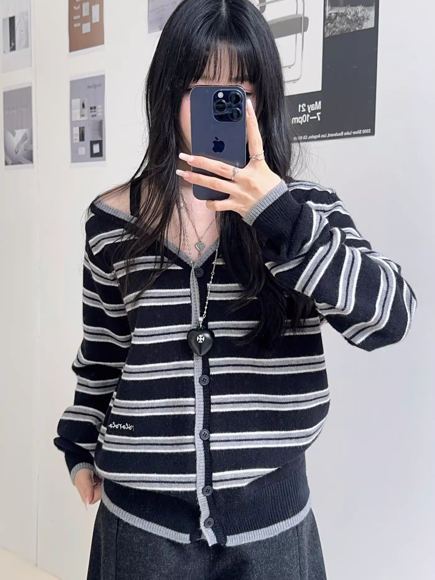 IVE Wonyoung Inspired One Off Shoulder Srtipe Cardigan