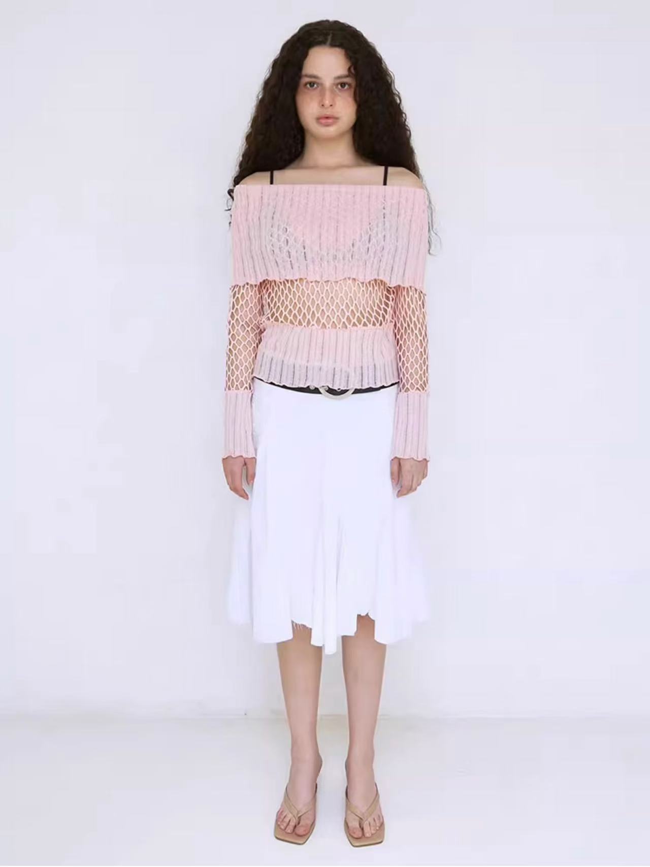 Pink Boat Neck Cutout Knit Sweater-Aespa Ningning