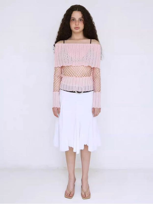 Pink Boat Neck Cutout Knit Sweater-Aespa Ningning