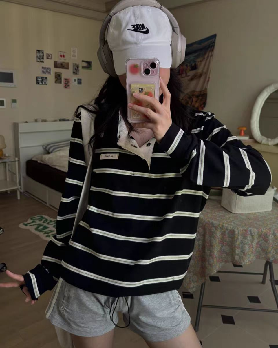 IVE Yujin&Red Velvet Joy Inspired Striped Color-Block Polo Collar Long Sleeve T-Shirt