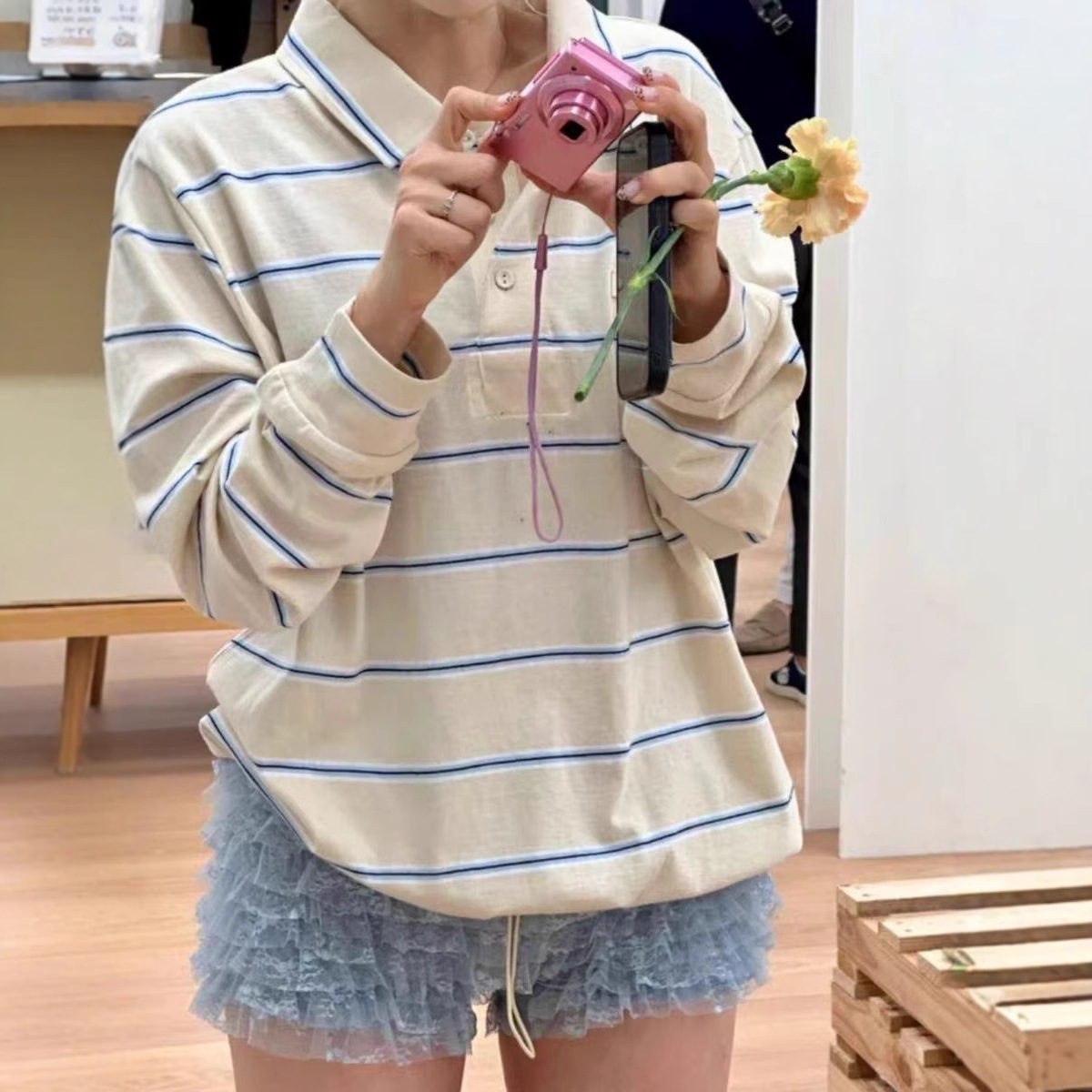 IVE Yujin&Red Velvet Joy Inspired Striped Color-Block Polo Collar Long Sleeve T-Shirt