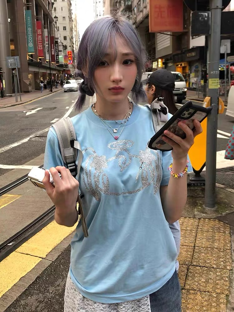 Newjeans Haerin Inspired  Glittery Angel Blue T-Shirt - NJZ