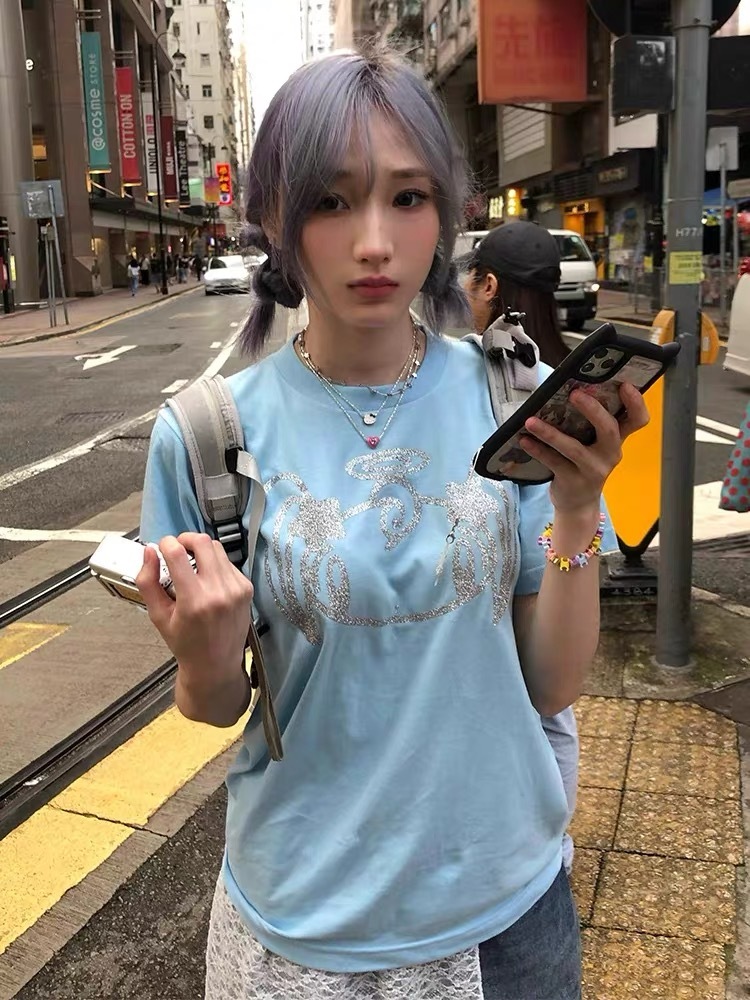 Newjeans Haerin Inspired  Glittery Angel Blue T-Shirt - NJZ