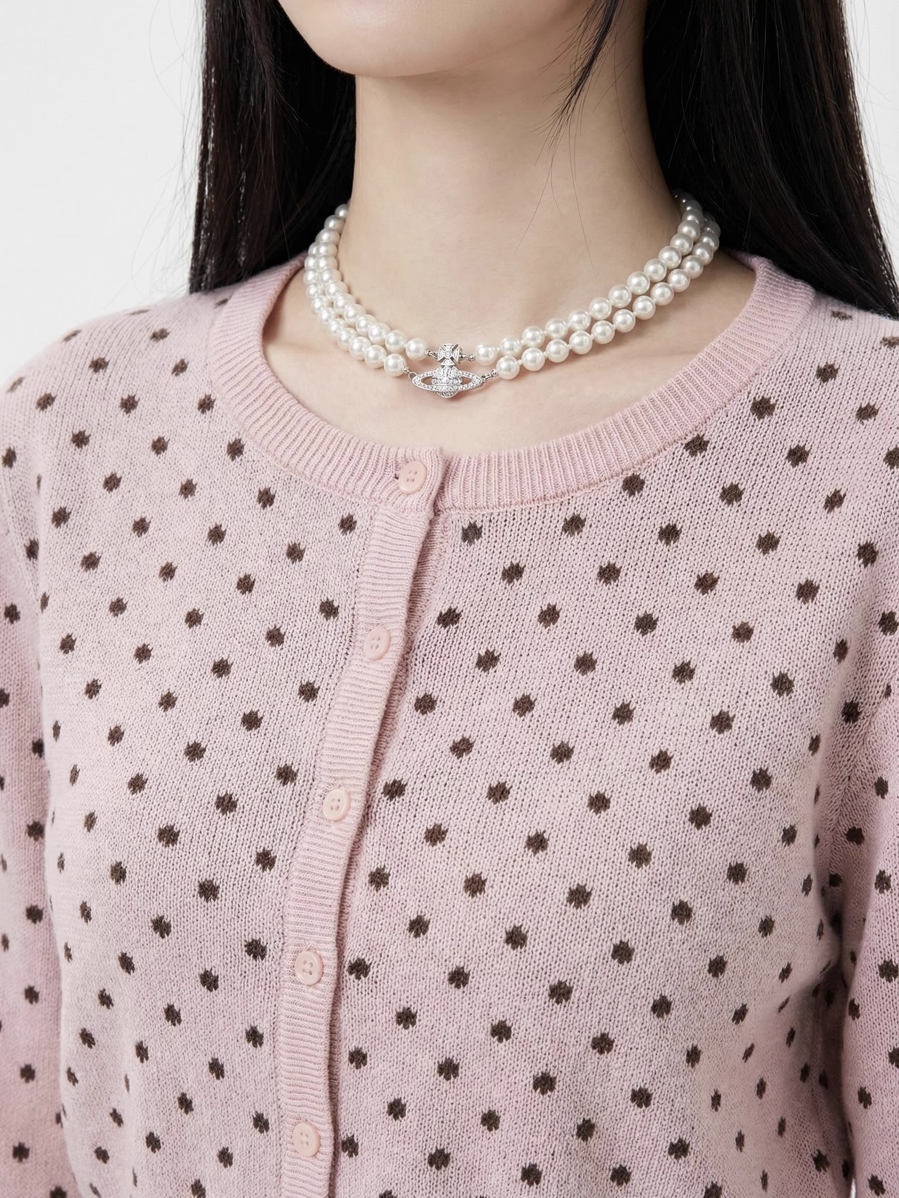 IVE Rei&LE SSERAFIM Eunchae Inspired Polka Dot Cropped Knit Cardigan