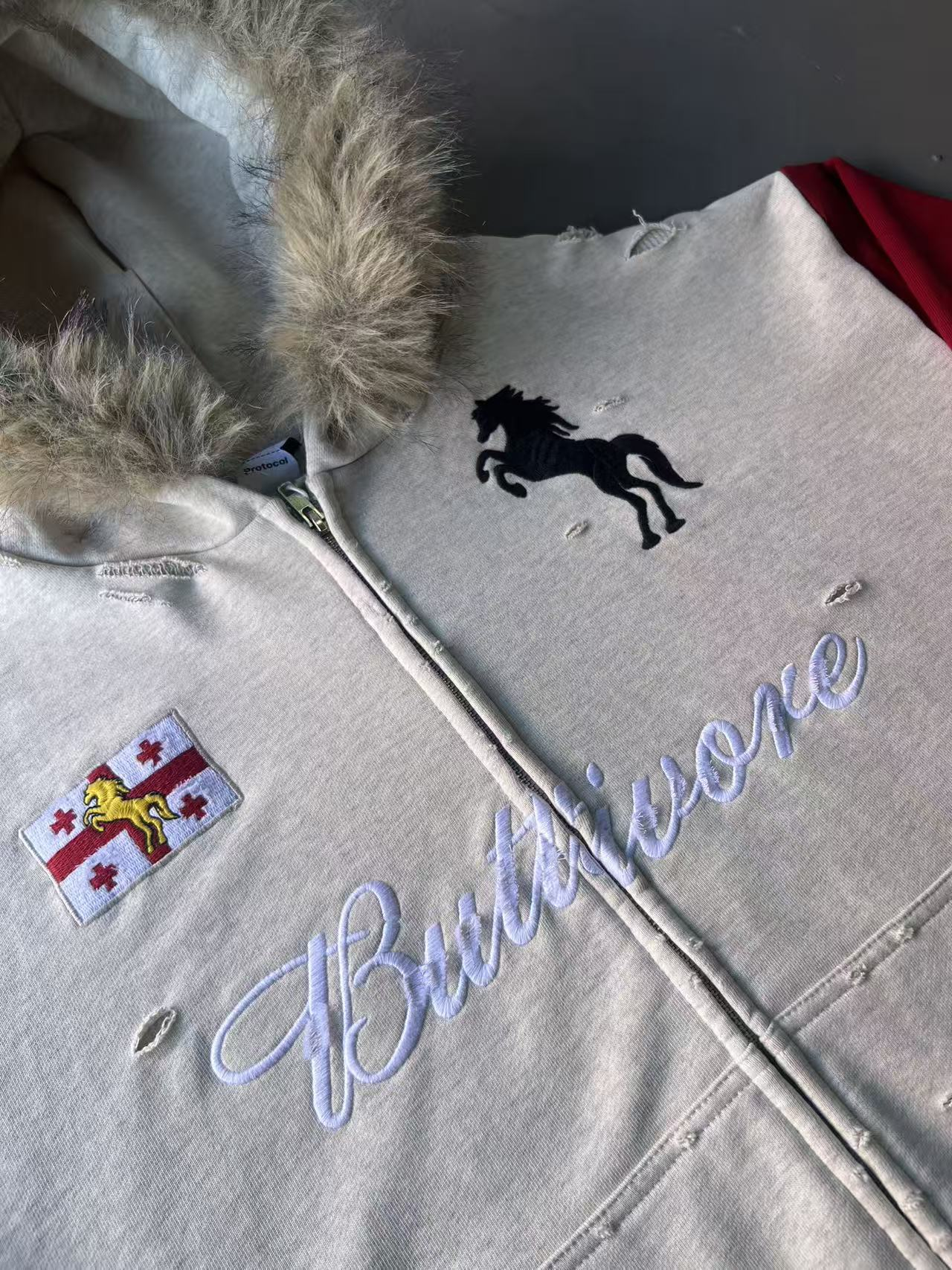 Aespa Ningning Inspired Fur Collar Horse Embroidered Zip-Up Hoodie