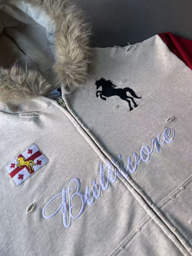 Aespa Ningning Inspired Fur Collar Horse Embroidered Zip-Up Hoodie