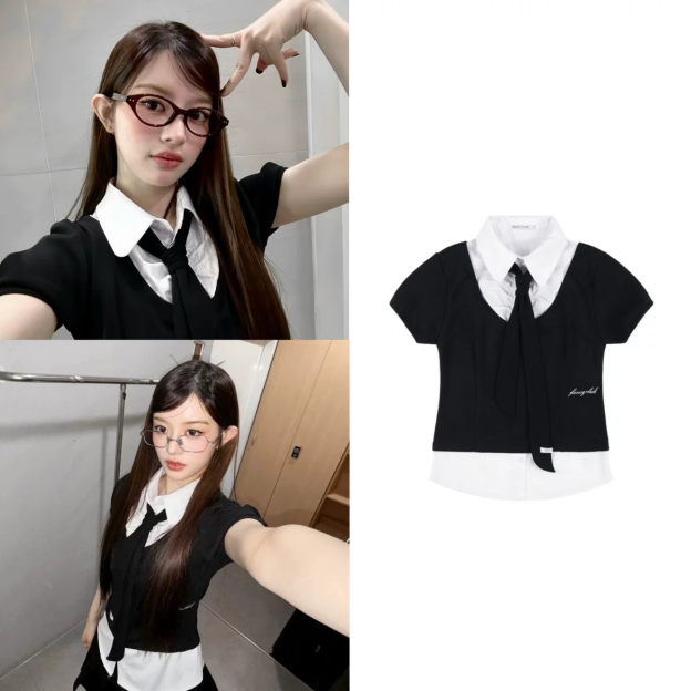 illit Minju Inspired Pseudo two-piece Top Pleated Skirt Set