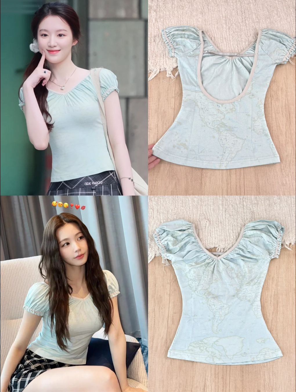 IDLE Miyeon&Shuhua Inspired Mint Map Rhinestone Open Back Puff Sleeve Tee