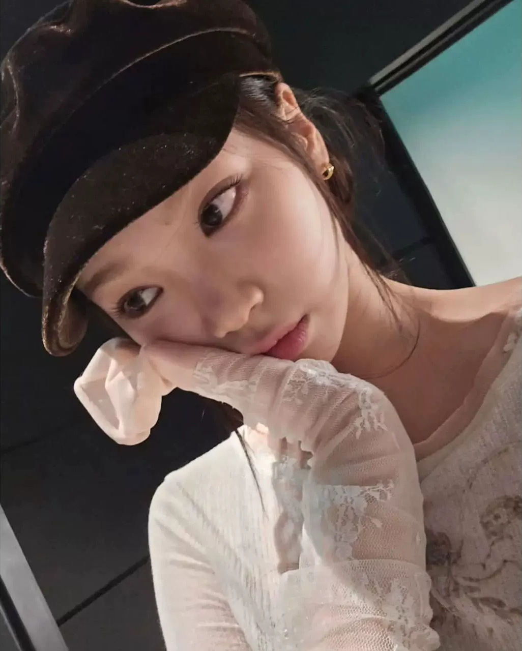 LE SSERAFIM Chaewon Inspired Lace Layered Angel Print Long Sleeve Top