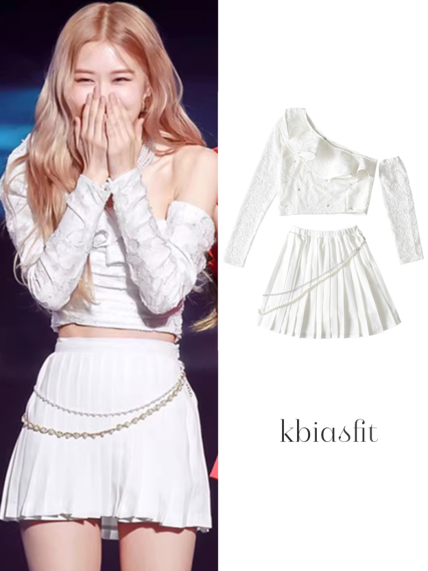 Blackpink Rose Inspired One Shoulder Lace Crop Top Pleated Skirt Set