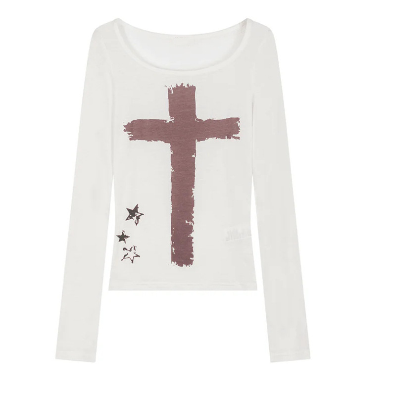 Fitted Long Sleeve Crew Neck T-shirt with Cross Print-Aespa Karina