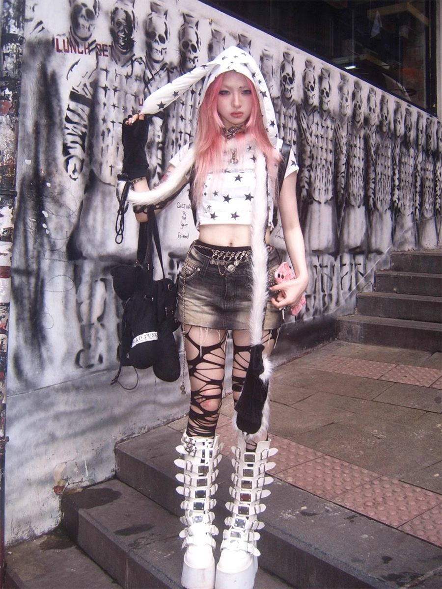 Y2K Bunny Ears Hooded Short Sleeve Top-Yuqi Gidle