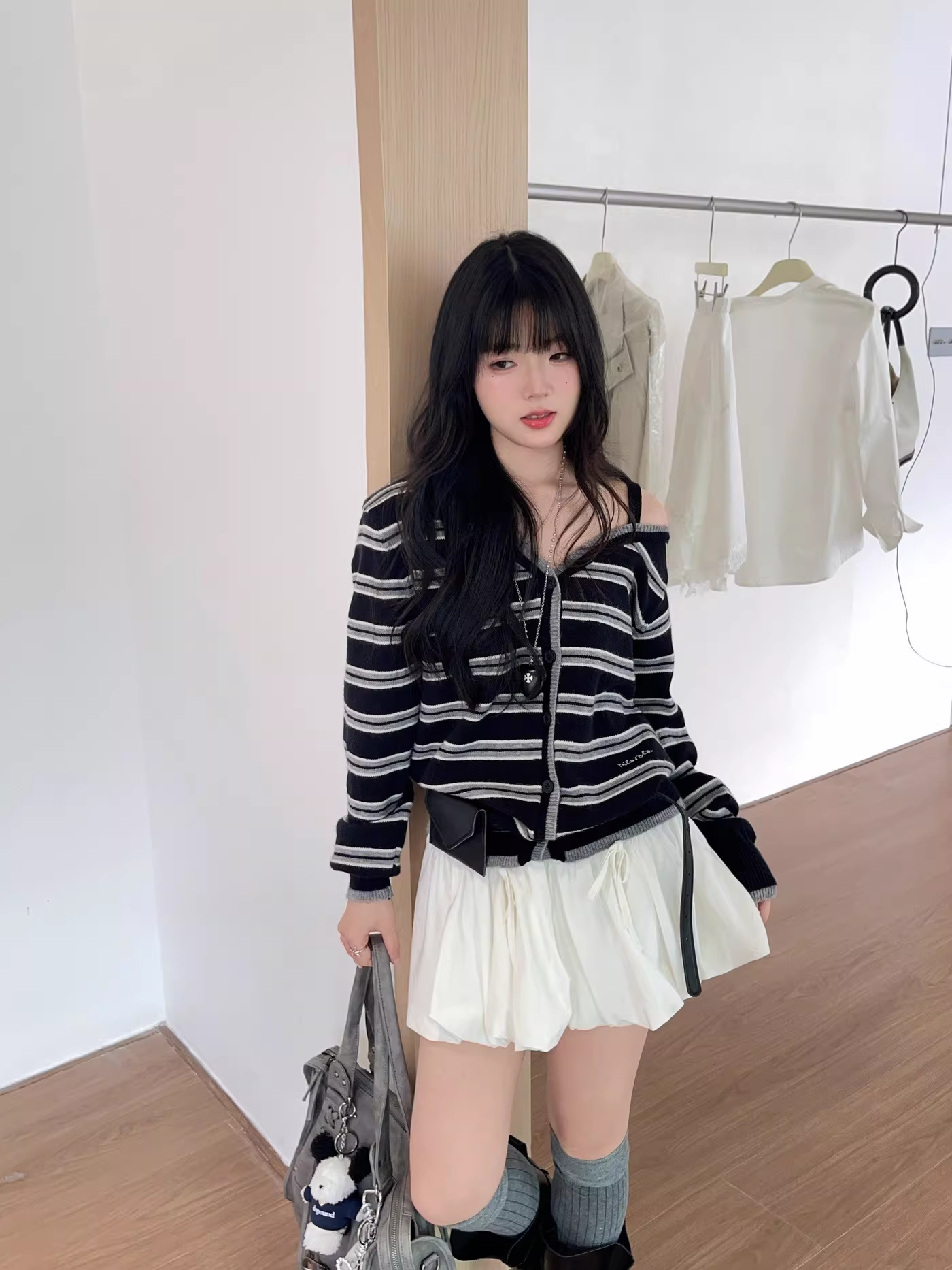 IVE Wonyoung Inspired One Off Shoulder Srtipe Cardigan