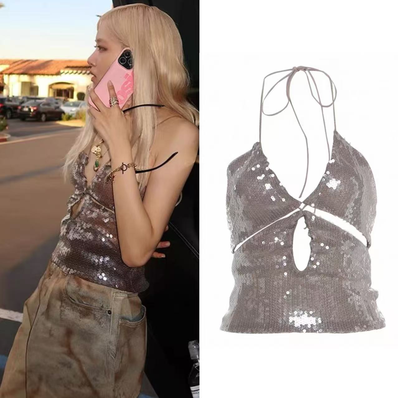 BLACKPINK Rose Inspired Sequin Halter Neck Open-Back Top