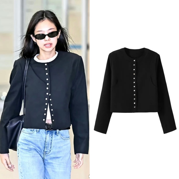 Blackpink Jennie Inspired Black Round-Neck Cropped Jacket