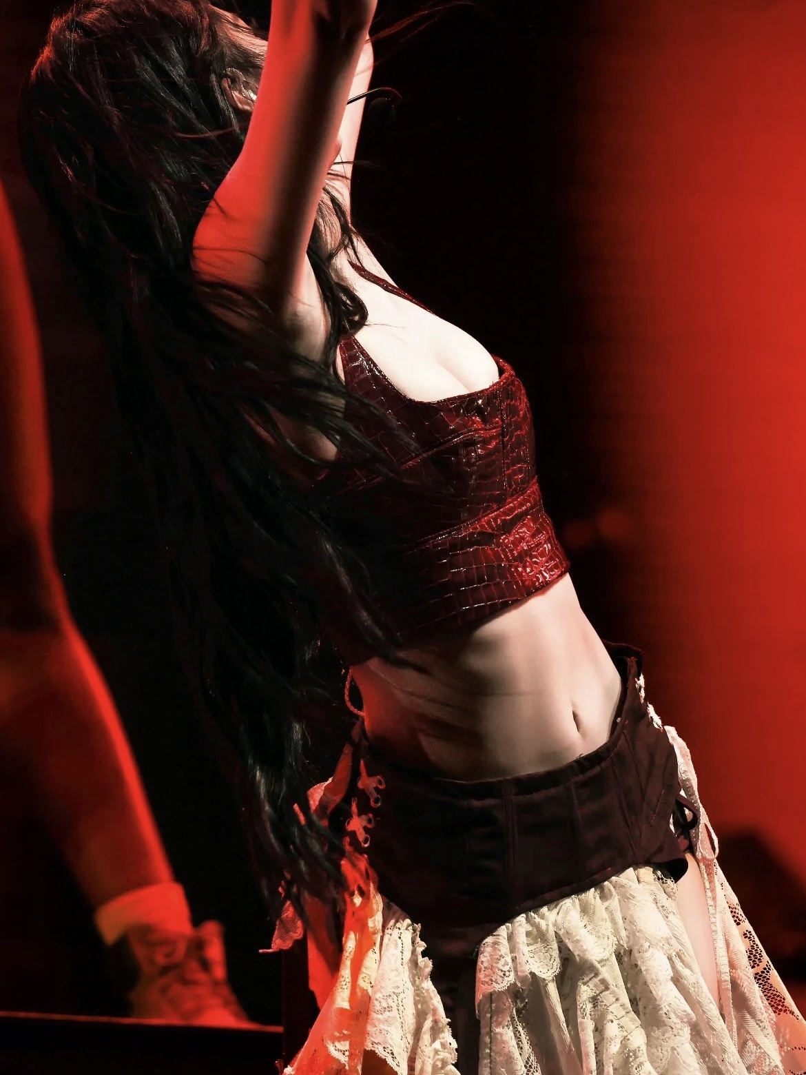 Jennie Coachella Inspired Red Croc-Embossed Top & Lace Skirt Set