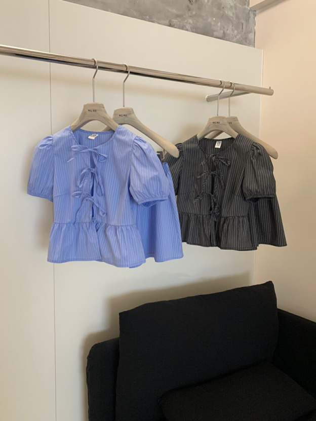 Blackpink Jennie Striped Puff Short Sleeve Top Skirt Set