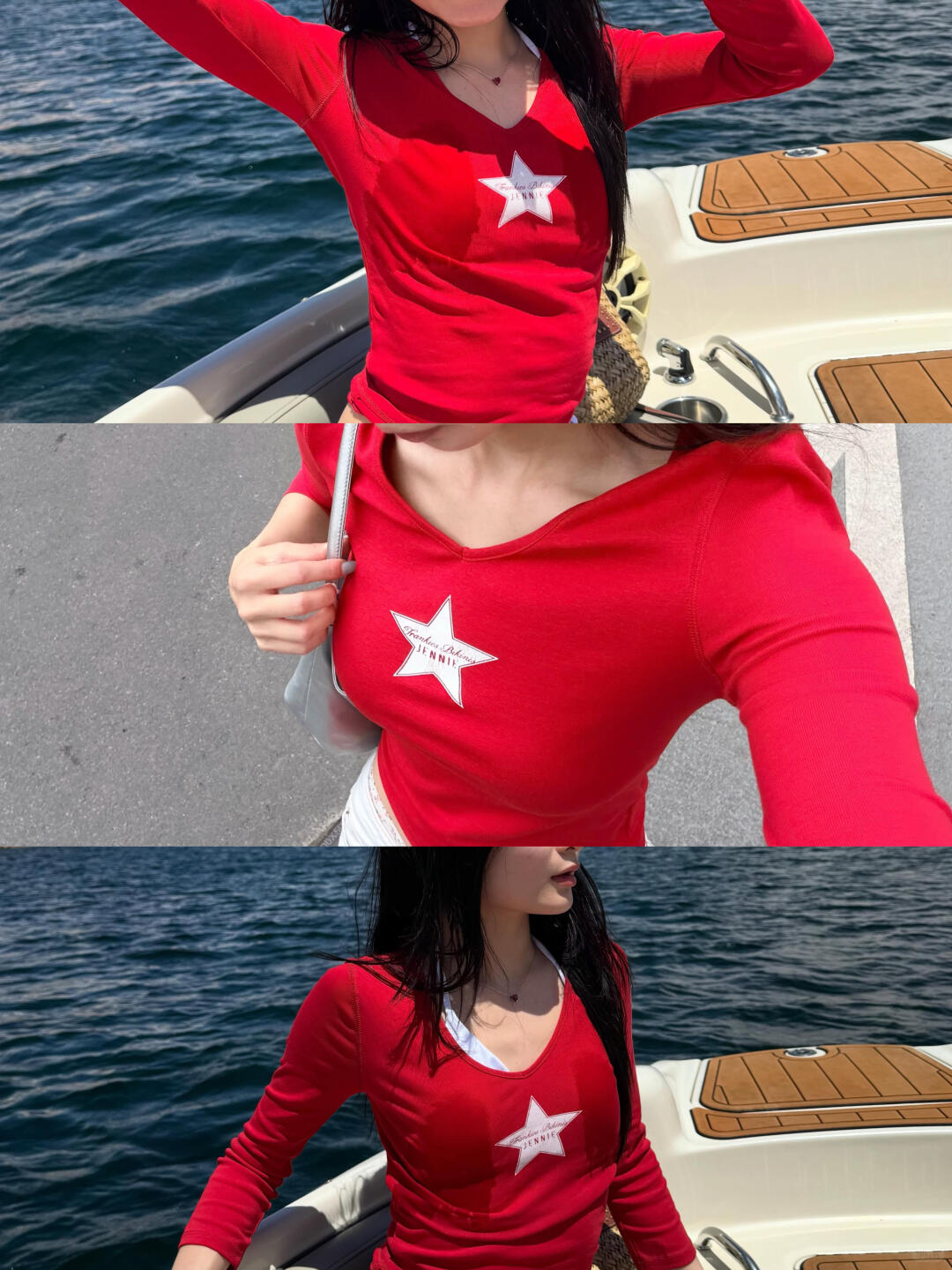 Blackpink Jennie Inspired Frankies Bikinis Star Print V‑Neck 3/4 Sleeve Ribbed Top