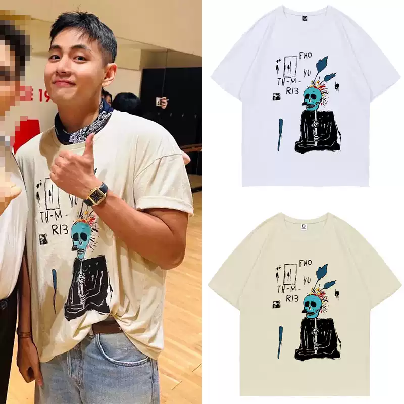 BTS V Inspired Punk Sketch Skull Graphic T-Shirt