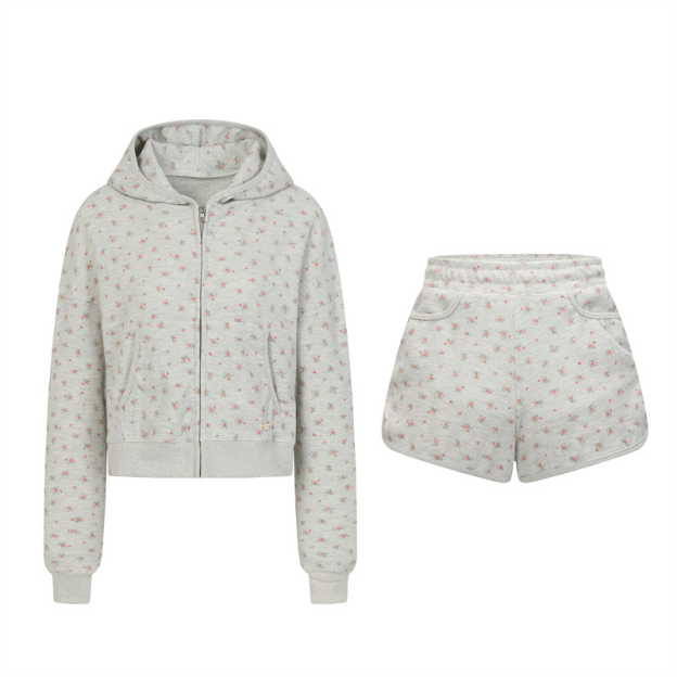 Twice Nayeon&Hearts2Hearts inspired Floral Waffle Hood Zip-up & Shorts Set