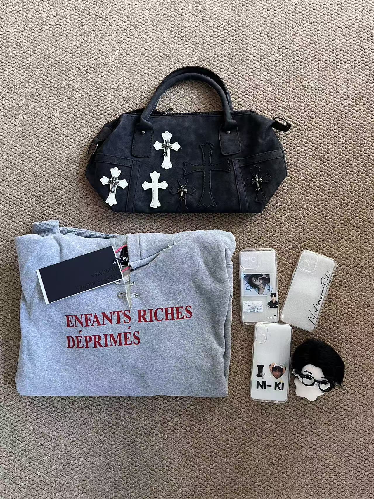 Enhypen Niki & Seventeen Mingyu Gray Vintage Keywords Distressed inspired Oversized Hoodie