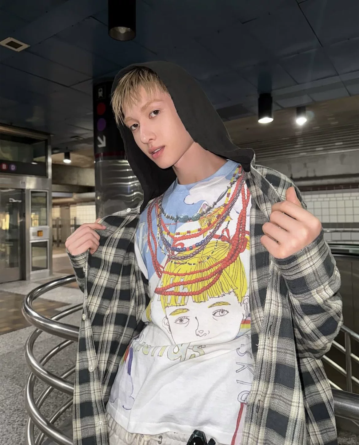 Cotris Martin Inspired Oversized Hooded Plaid Button-Down Shirt