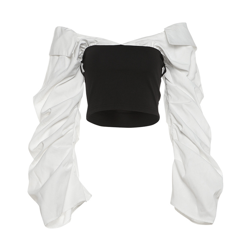 Black And White Off Shoulder Long Sleeve Top-Straykids concert outfiti