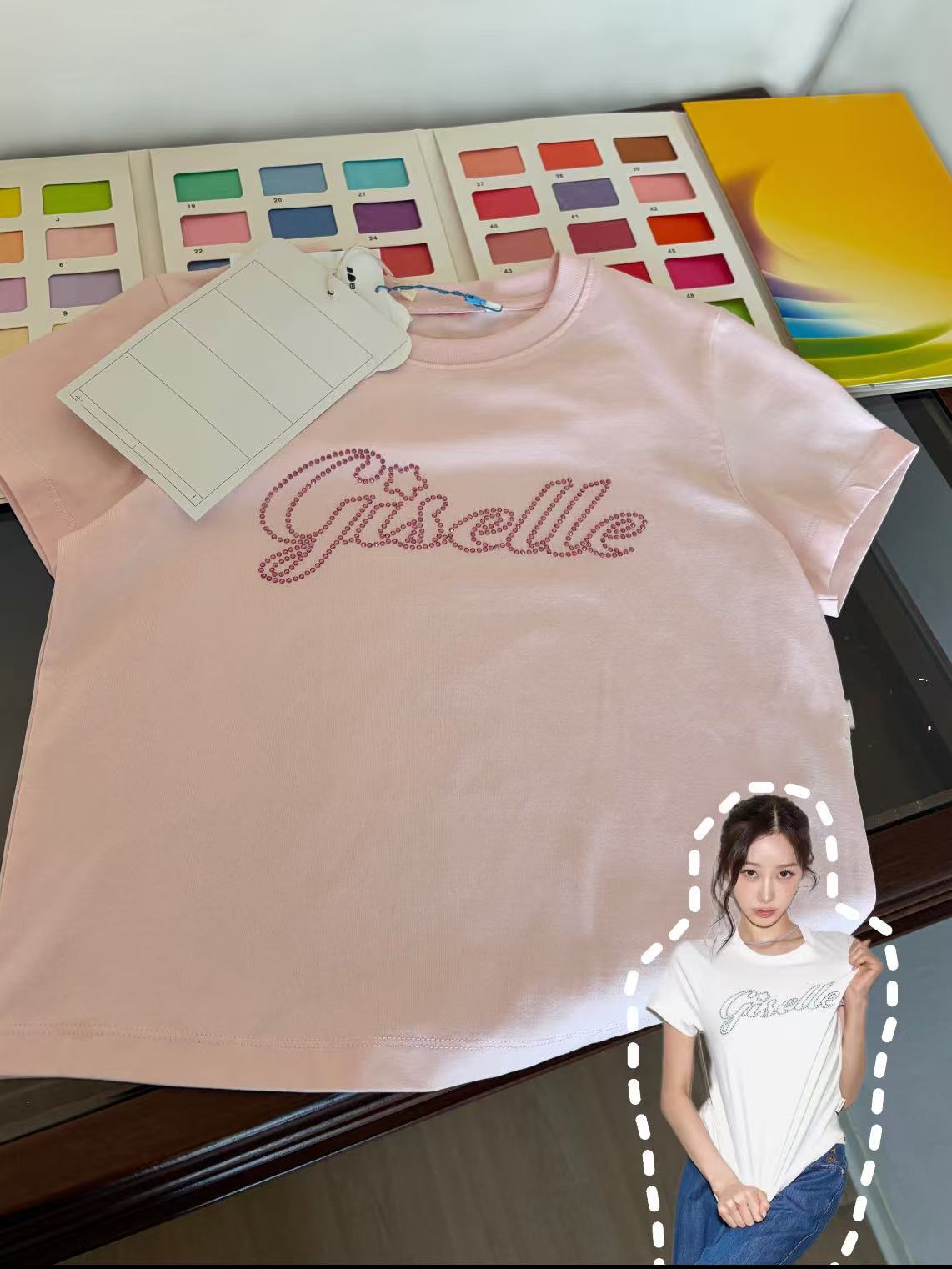 Aespa Giselle Rhinestone Letter Print Short Sleeve T-Shirt