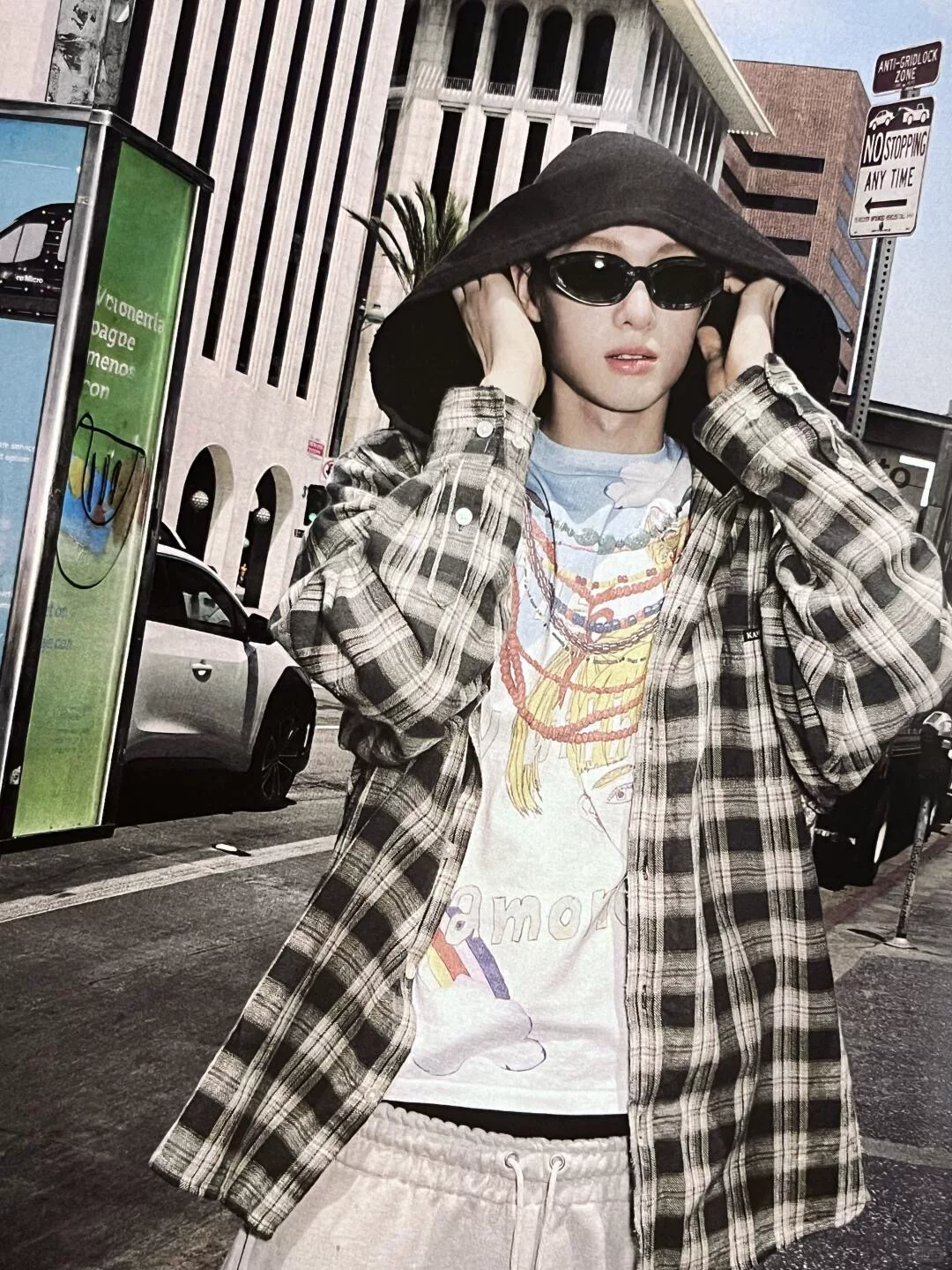 Cotris Martin Inspired Oversized Hooded Plaid Button-Down Shirt