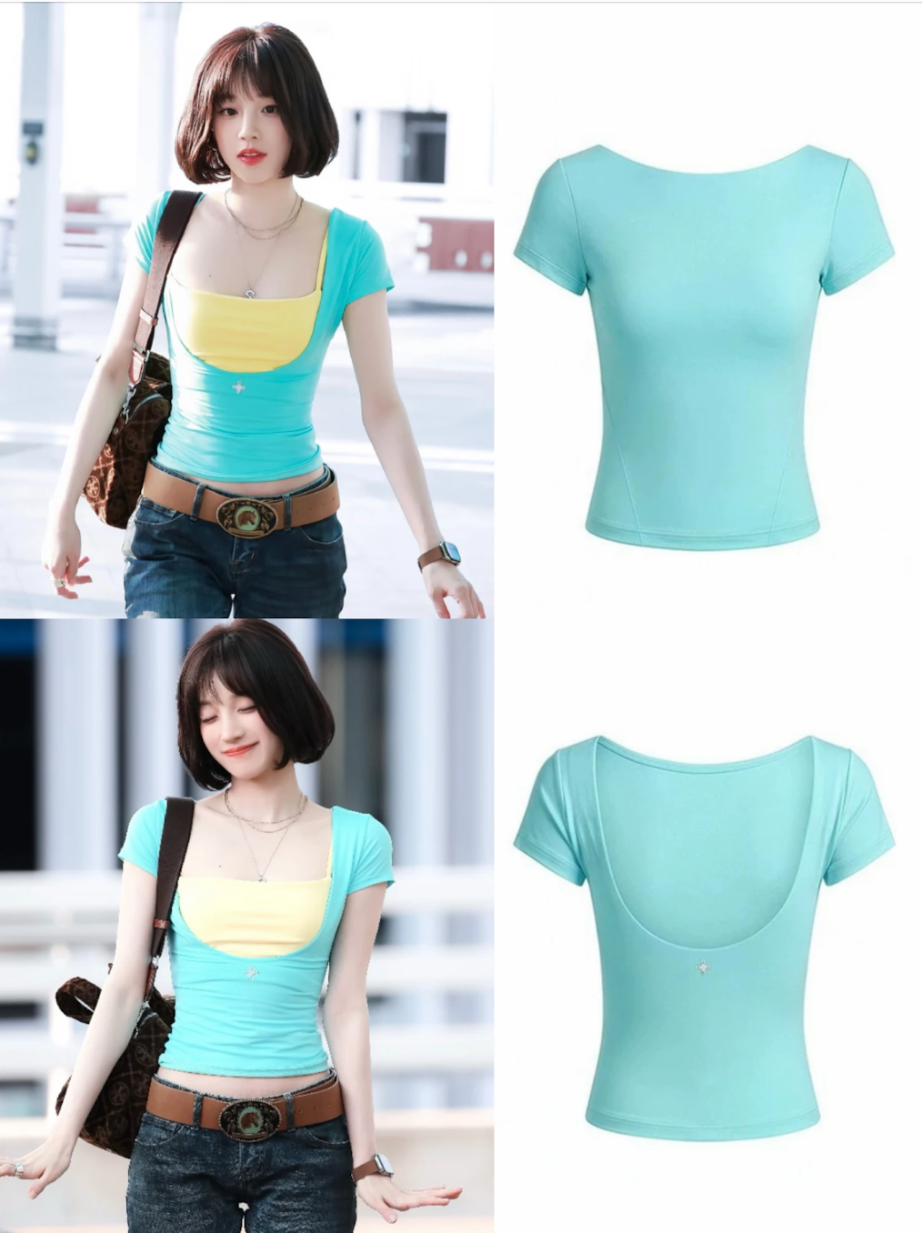 IDLE YUQI Inspired Turquoise Cross Logo U-Neck Fitted Tee