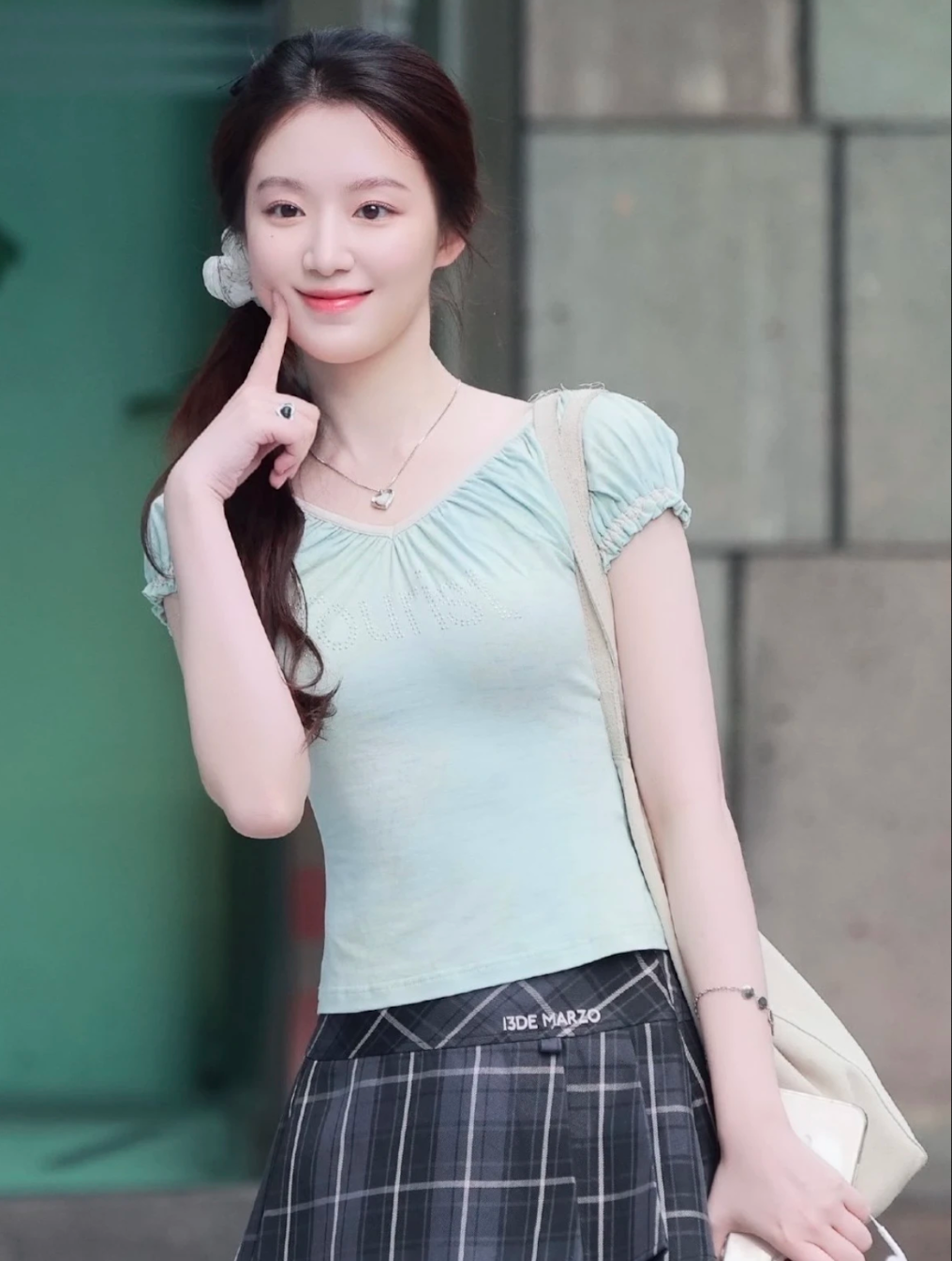 IDLE Miyeon&Shuhua Inspired Mint Map Rhinestone Open Back Puff Sleeve Tee