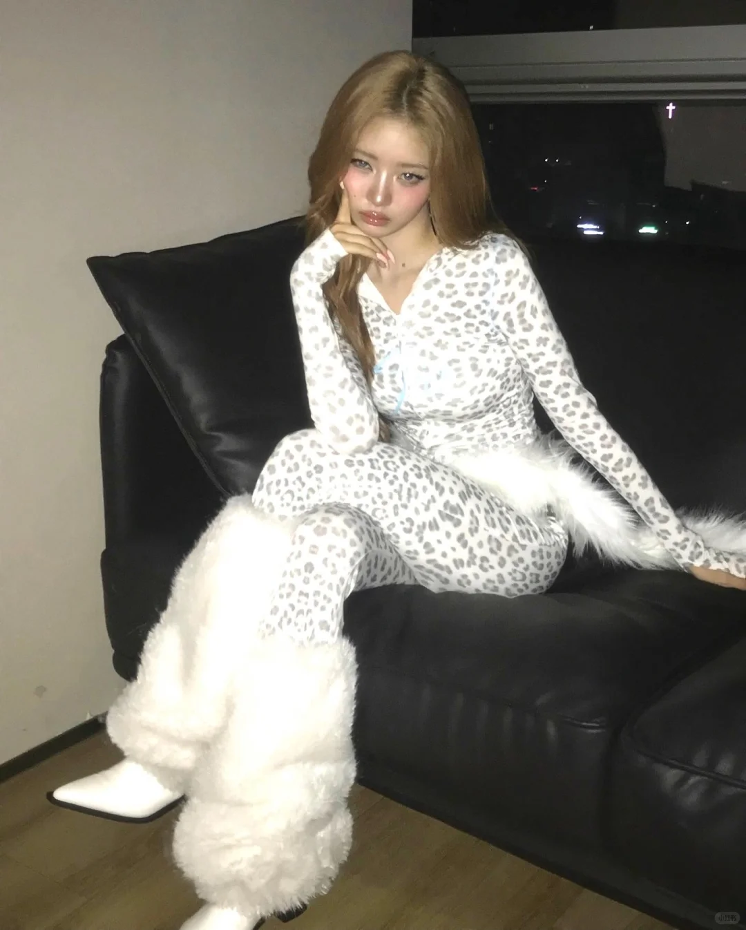 IVE Rei Inspired Y2K Snow Leopard Print 2-Piece Loungewear Set