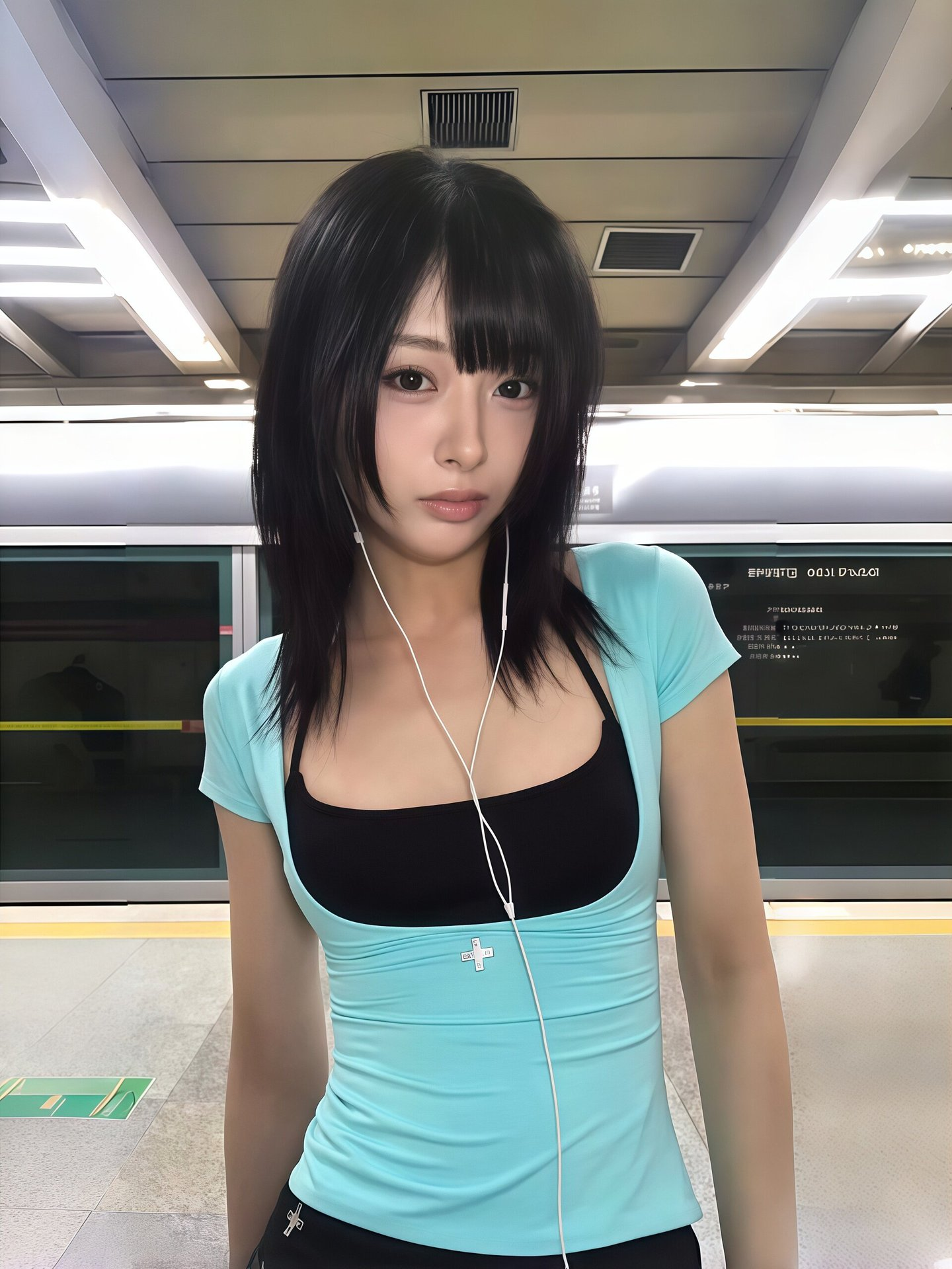 IDLE YUQI Inspired Turquoise Cross Logo U-Neck Fitted Tee