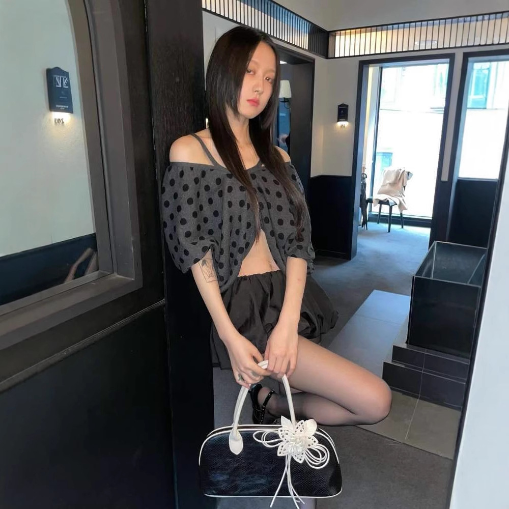 IVE Yujin&Meovv Ella Inspired Polka Dot Puff Sleeve Crop Knit Cardigan