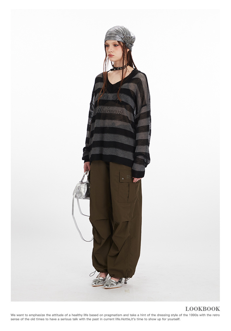 Striped V-neck lightweight long-sleeve knit sweater-Aespa Karina