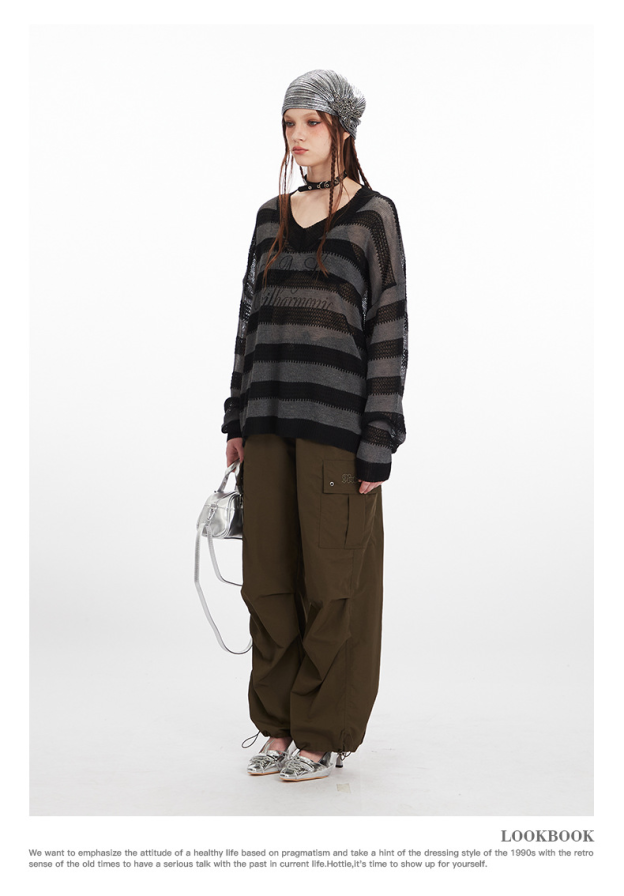 Striped V-neck lightweight long-sleeve knit sweater-Aespa Karina