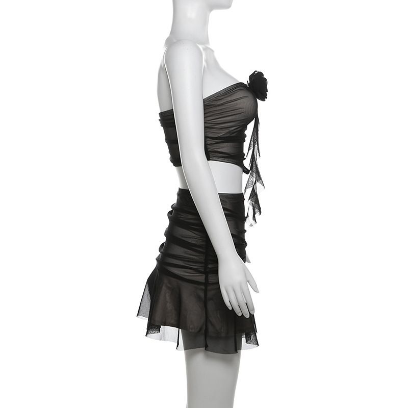 Floral Mesh Sheath Top Pleated Skirt Set-Outfitidea For Blinks BLACKPINK-Inspired Fashion