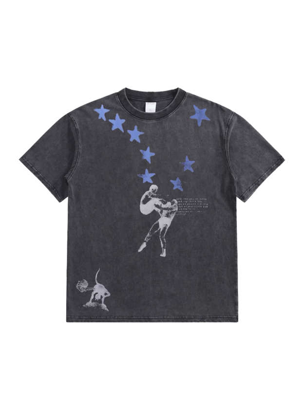 TXT Yeonjun&Cortis James Inspired Blue Star Boxing Print Distressed Tee