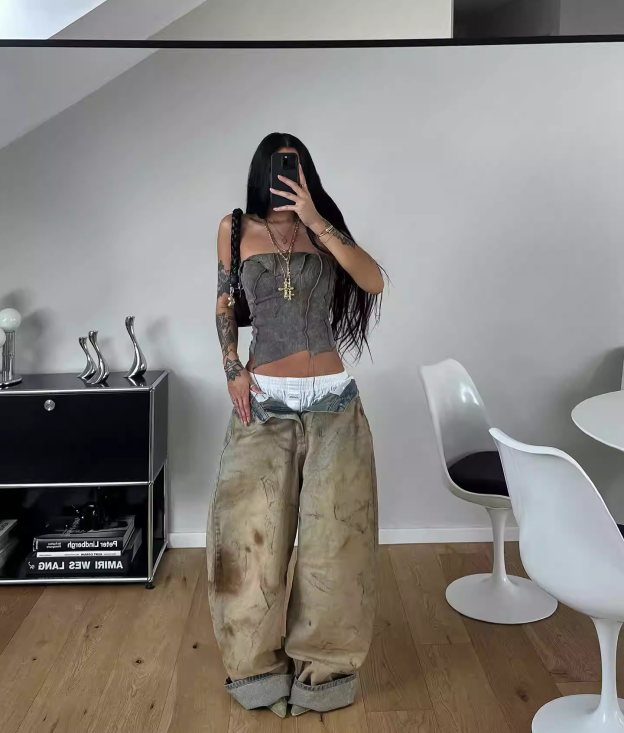 Blackpink Rose Inspired Vintage Distressed Baggy Wide-Leg Jeans