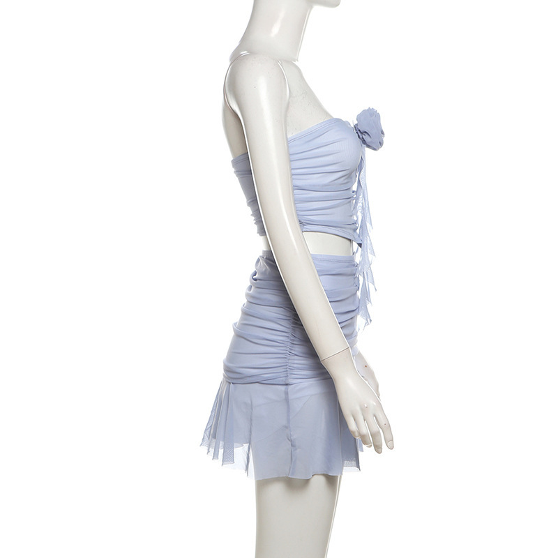 Floral Mesh Sheath Top Pleated Skirt Set-Outfitidea For Blinks BLACKPINK-Inspired Fashion