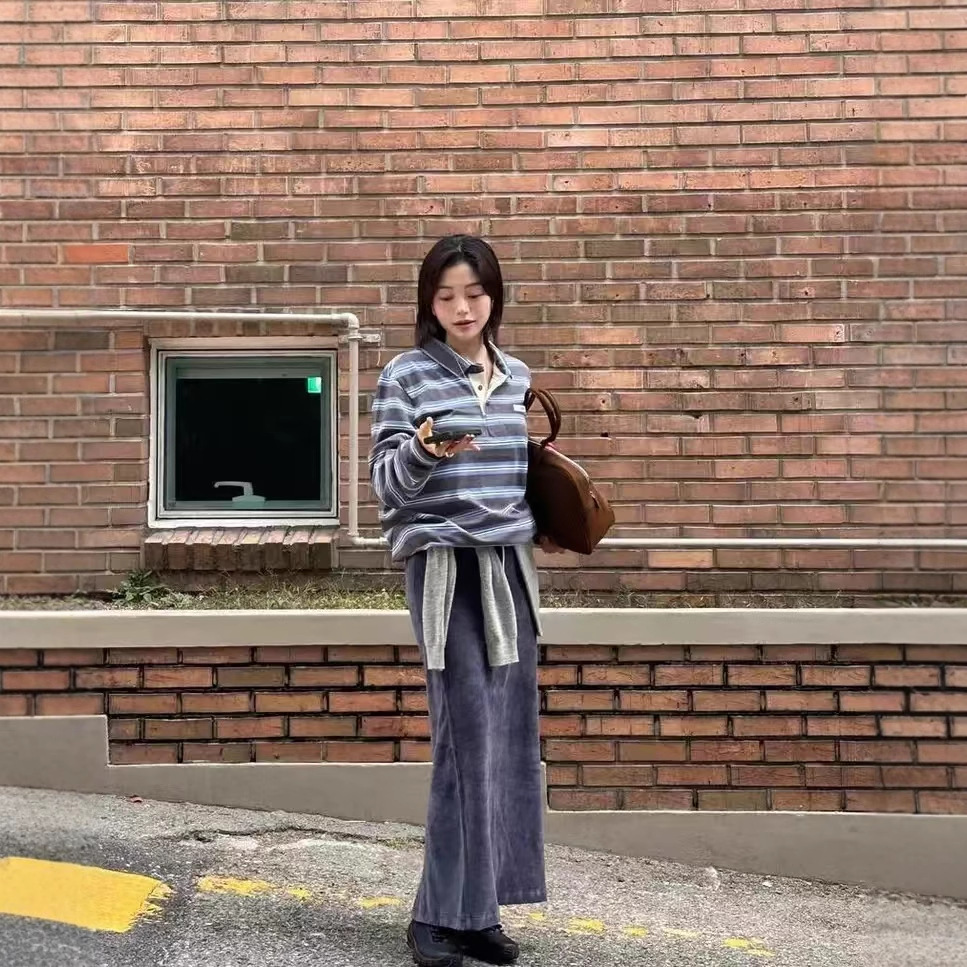 IVE Yujin&Red Velvet Joy Inspired Striped Color-Block Polo Collar Long Sleeve T-Shirt