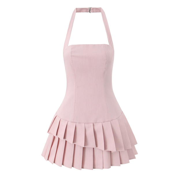 Hanging Neck Sleeveless Backless Pleated Dress-Outfitidea For Blinks BLACKPINK-Inspired Fashion