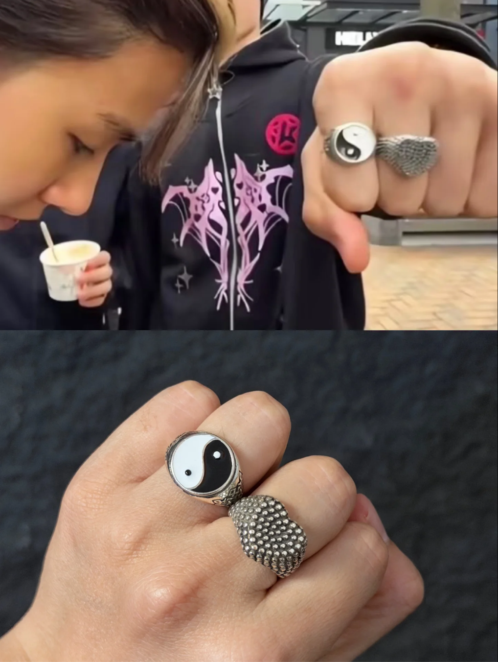 Cortis Martin 2Pcs Yin Yang & Heart Studded Vintage Punk Rings Set