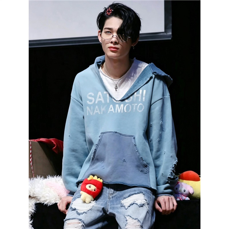 Enhypen Ni-ki Inspired Satoshi Distressed Blue Patchwork Hoodie-niki