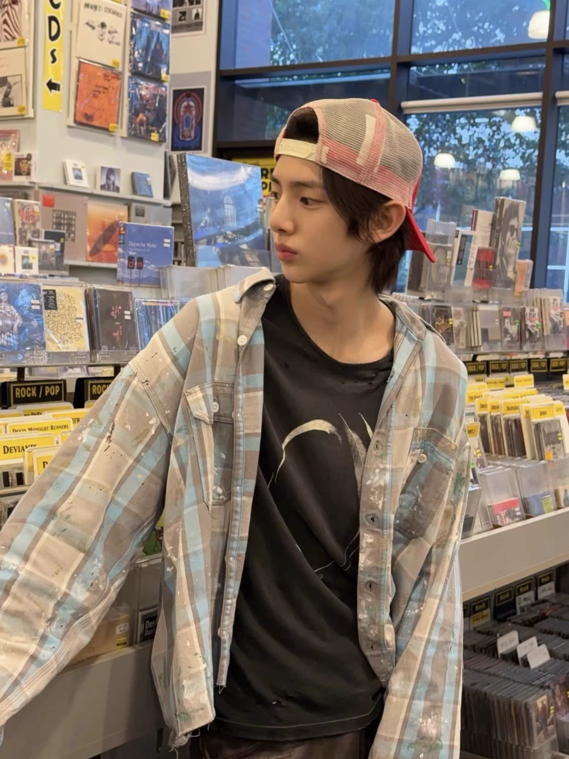 Cortis Juhoon Inspired Paint Splatter Plaid Shirt Jacket