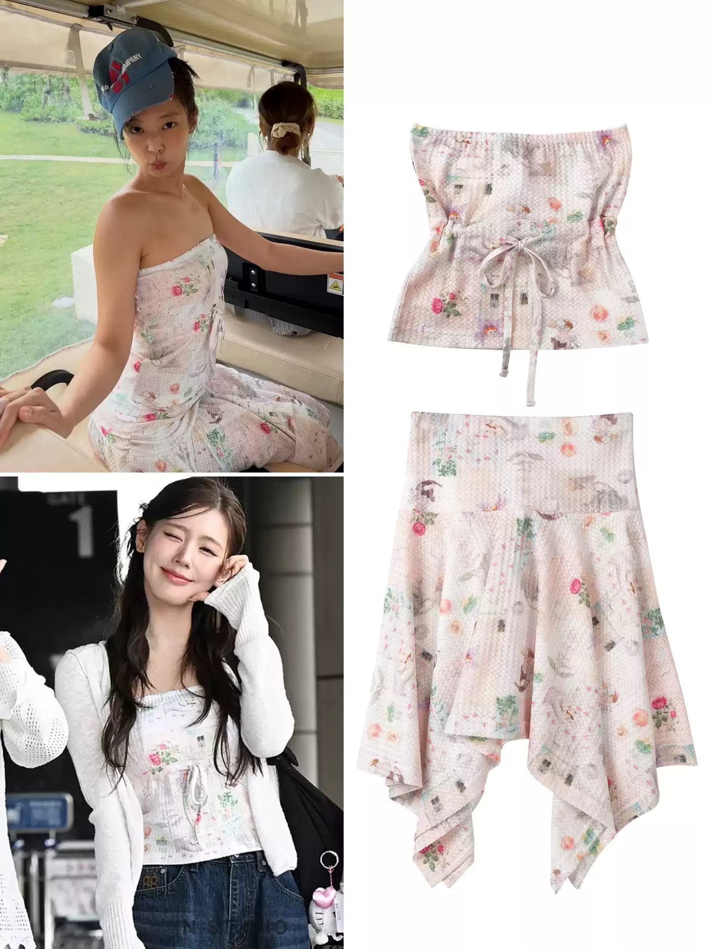 Blackpink Jennie&i-dle Miyeon Inspired Floral Print Tube Top&Asymmetric Skirt Set