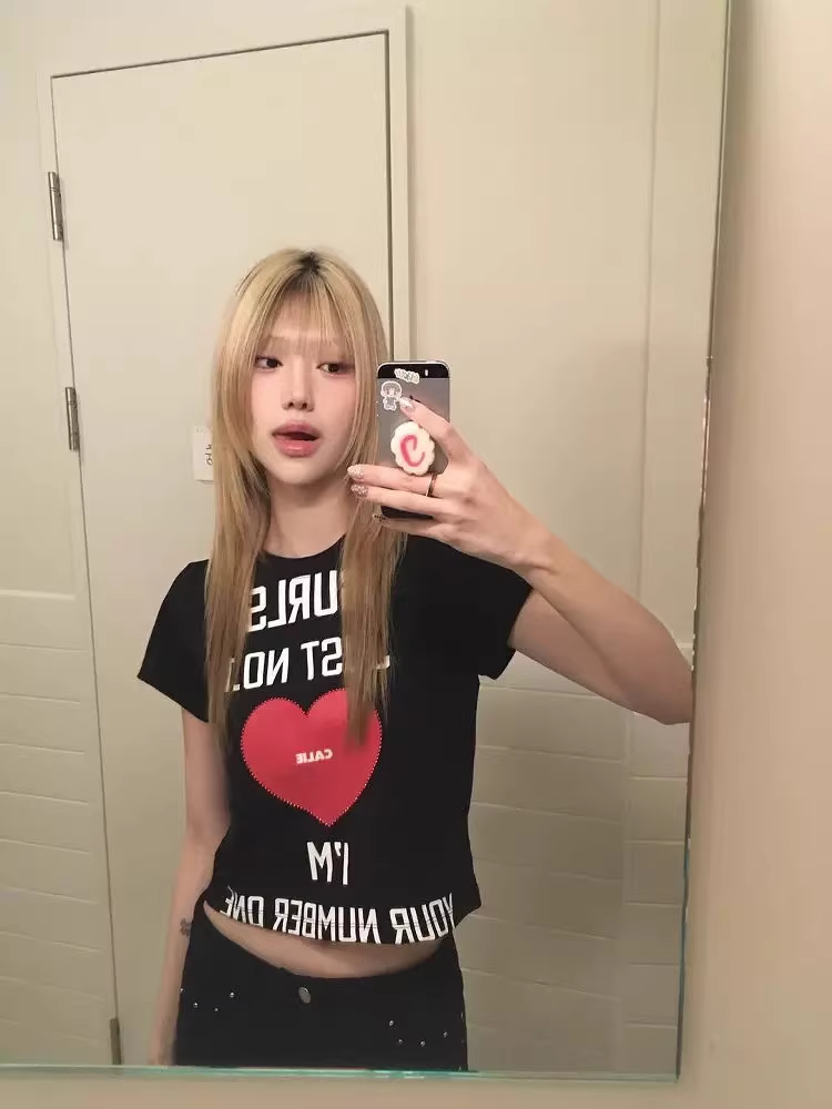 Aespa Karina Inspired GURLS JUST NO.1 Heart Print Short Sleeve Tee